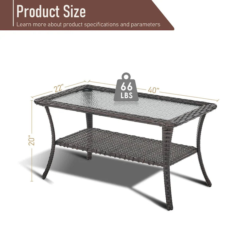 Table basse d'extérieur en osier avec plateau en verre
