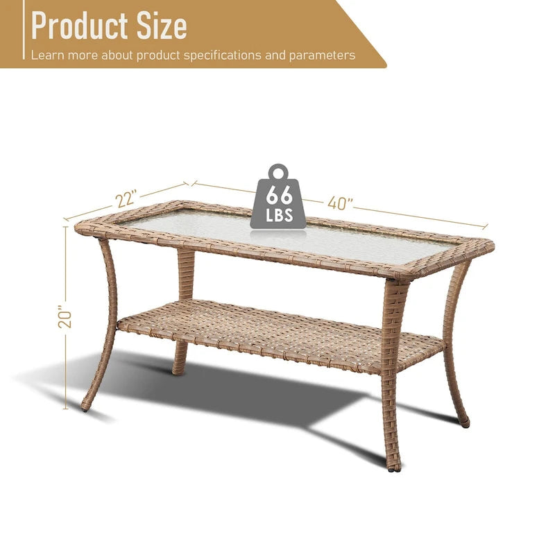 Table basse d'extérieur en osier avec plateau en verre