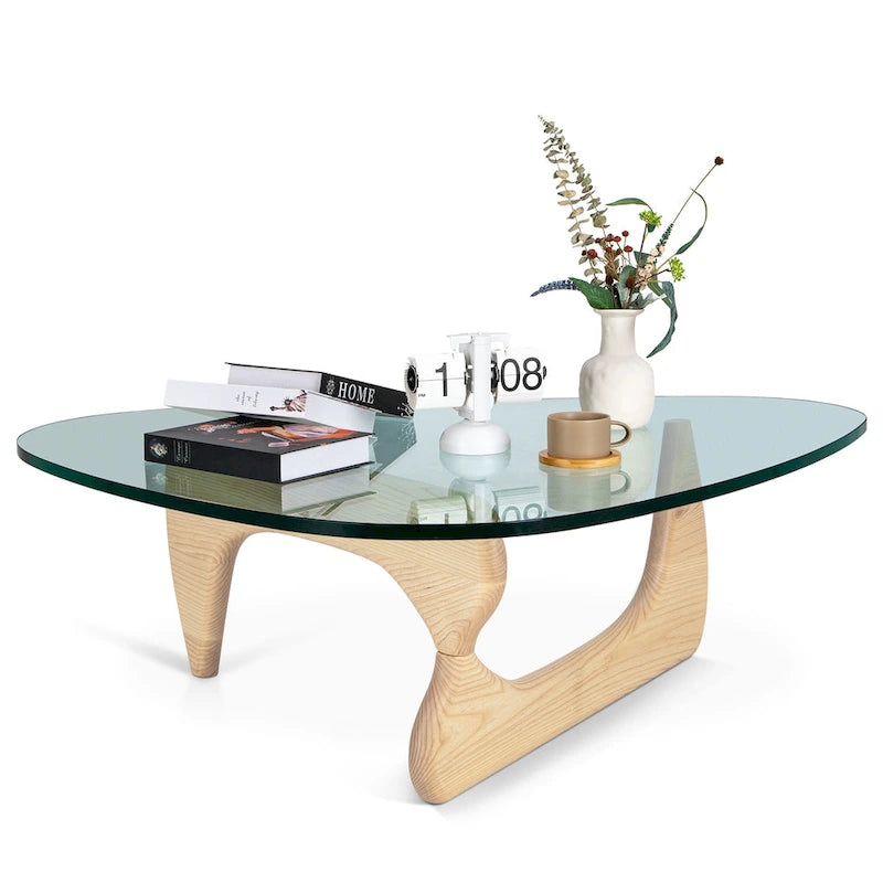Table basse moderne triangulaire en verre Noguchi avec base en bois de cerisier