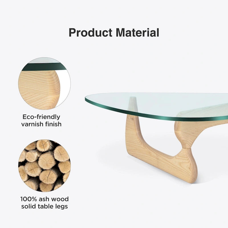 Table basse moderne triangulaire en verre Noguchi avec base en bois de cerisier