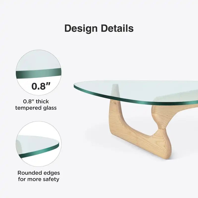 Table basse moderne triangulaire en verre Noguchi avec base en bois de cerisier
