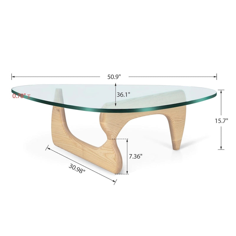 Table basse moderne triangulaire en verre Noguchi avec base en bois de cerisier