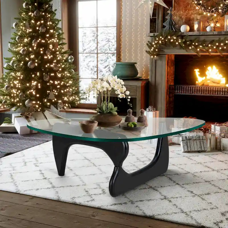 Table basse moderne triangulaire en verre Noguchi avec base en bois de cerisier