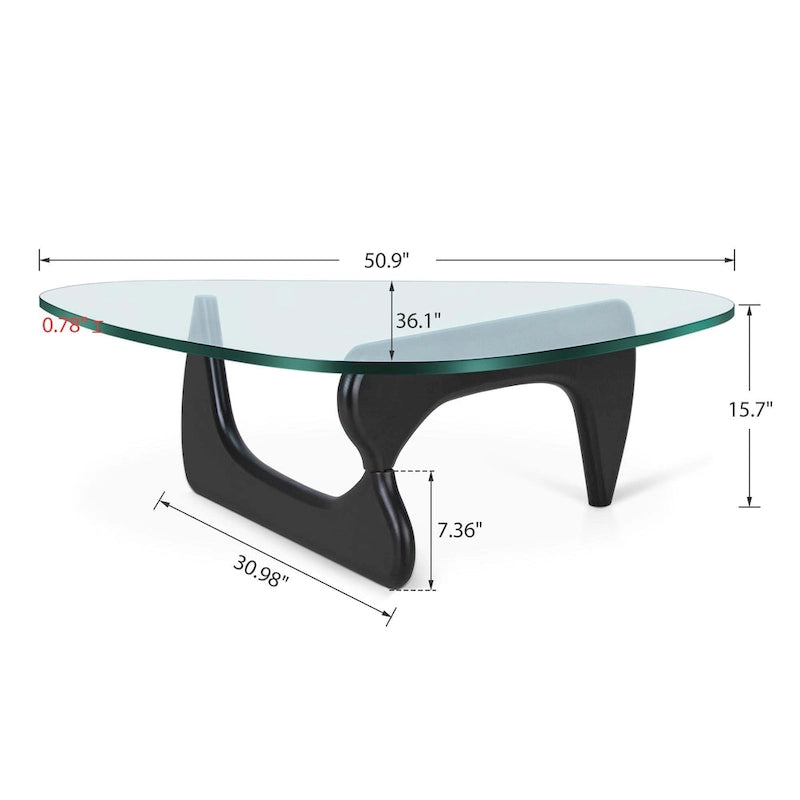 Table basse moderne triangulaire en verre Noguchi avec base en bois de cerisier