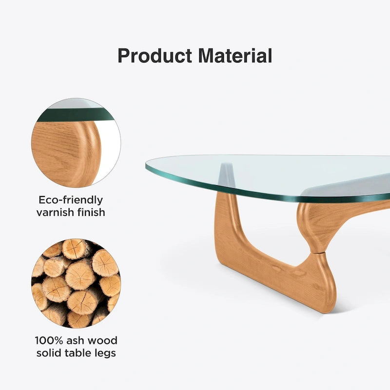 Table basse moderne triangulaire en verre Noguchi avec base en bois de cerisier