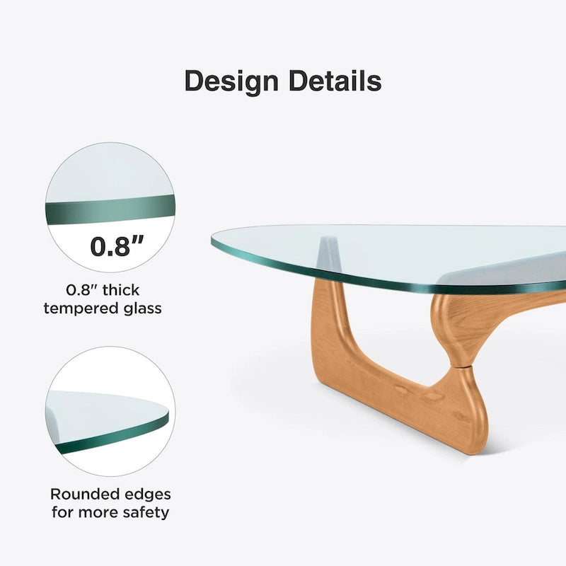 Table basse moderne triangulaire en verre Noguchi avec base en bois de cerisier