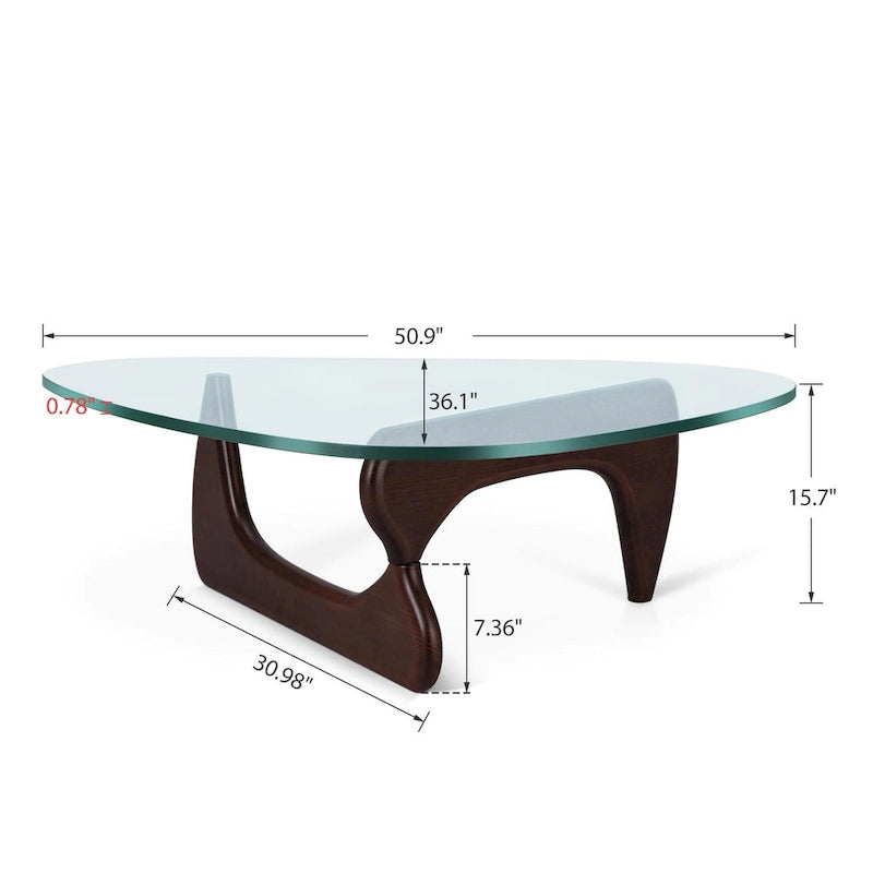 Table basse moderne triangulaire en verre Noguchi avec base en bois de cerisier