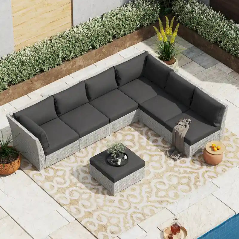 Ensemble de conversation en rotin de 7 pièces Corvus Oreanne pour patio