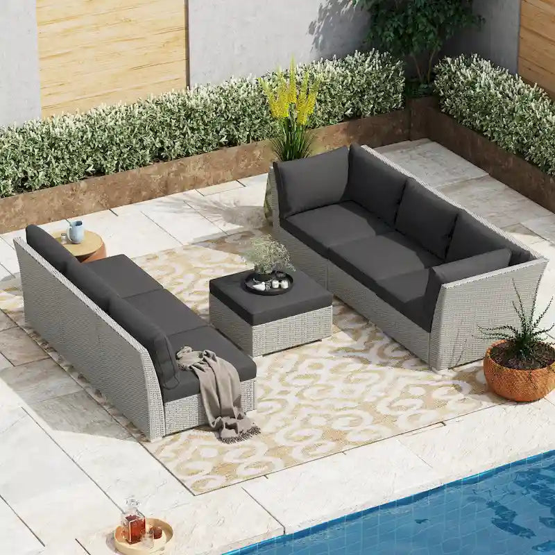 Ensemble de conversation en rotin de 7 pièces Corvus Oreanne pour patio