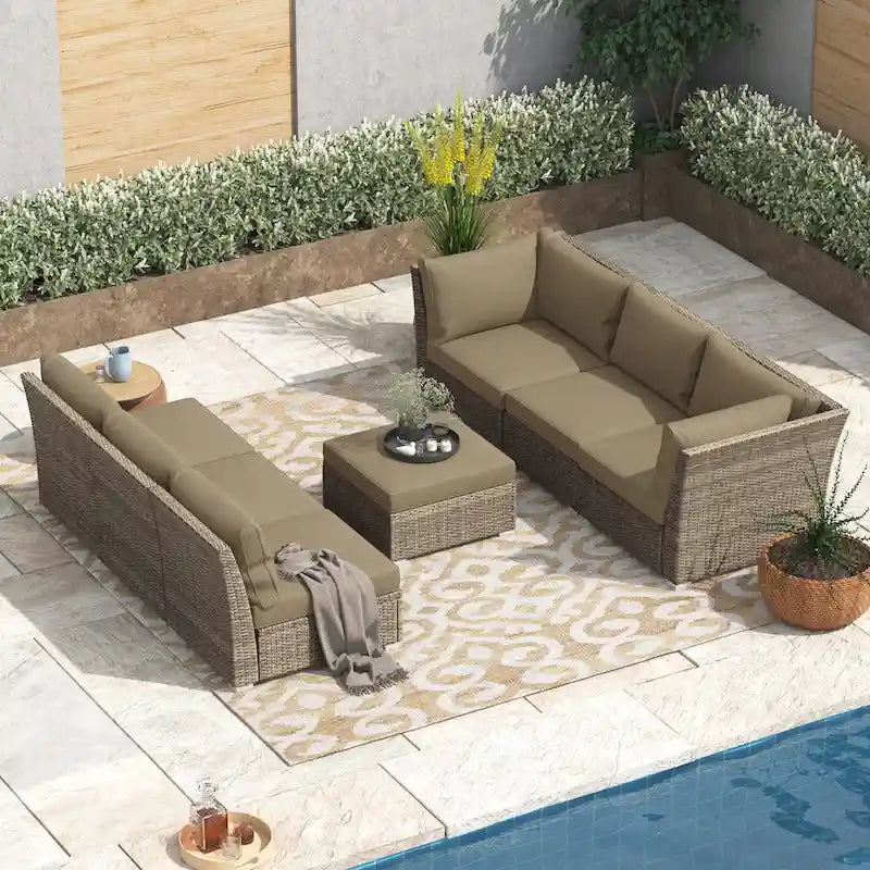 Ensemble de conversation en rotin de 7 pièces Corvus Oreanne pour patio