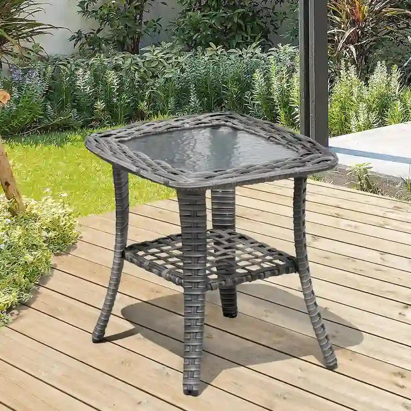 Table d'appoint de patio en osier XIZZI avec plateau en verre trempé