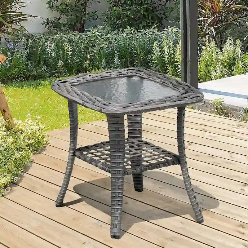 XIZZI Patio Wicker Side Table with Toughened Glass Top