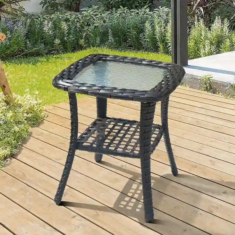 Table d'appoint de patio en osier XIZZI avec plateau en verre trempé