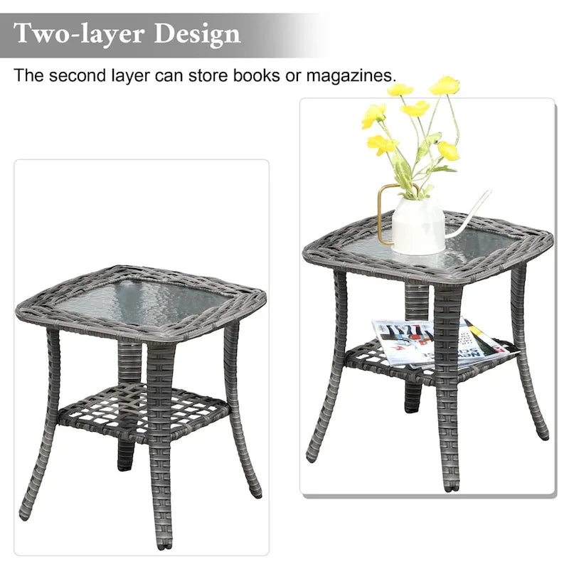 Table d'appoint de patio en osier XIZZI avec plateau en verre trempé