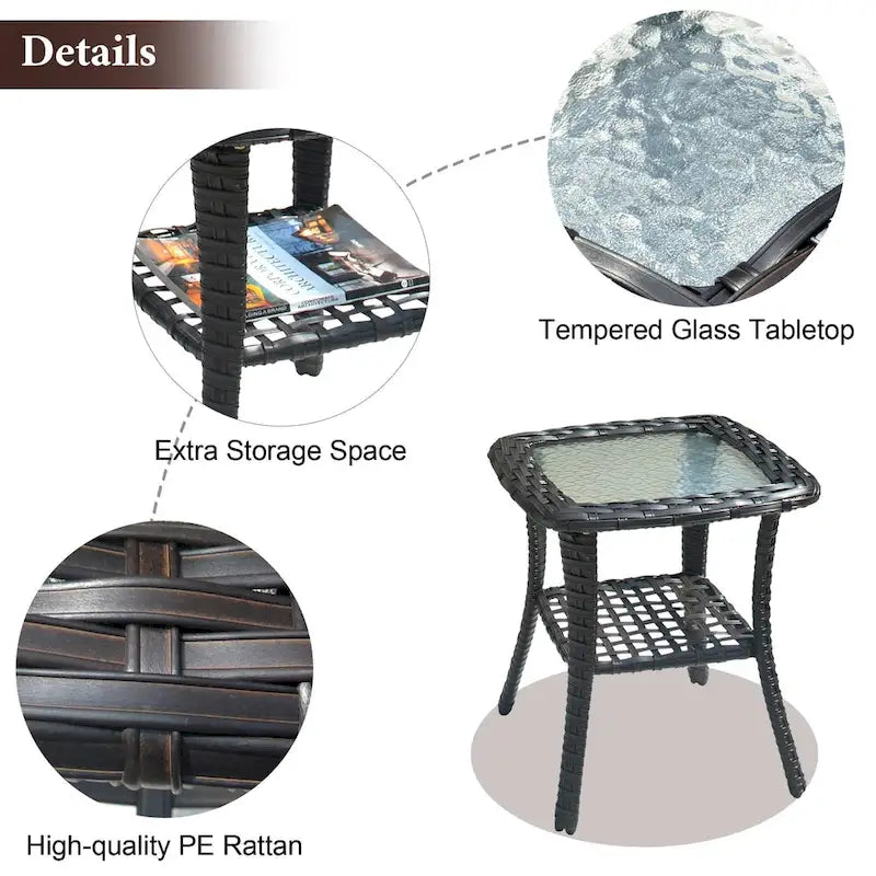 Table d'appoint de patio en osier XIZZI avec plateau en verre trempé
