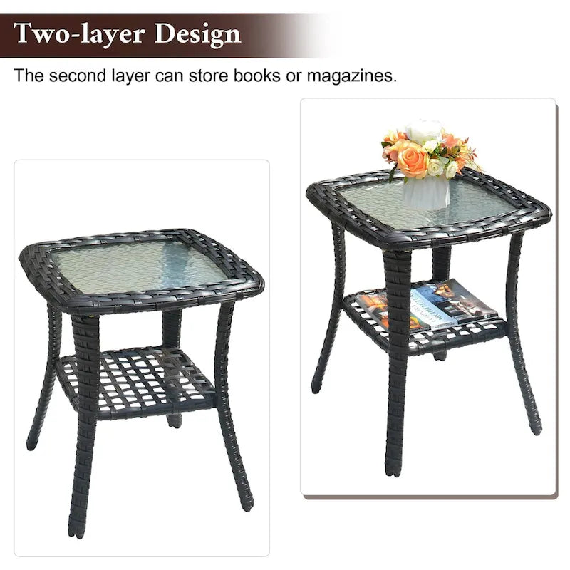 Table d'appoint de patio en osier XIZZI avec plateau en verre trempé