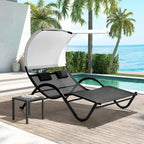 Outdoor Double Chaise Lounge Chair Double Sun Bed Lounger with Canopy Shade & Wheels - 72.83 D  54.33 W 65.35 H
