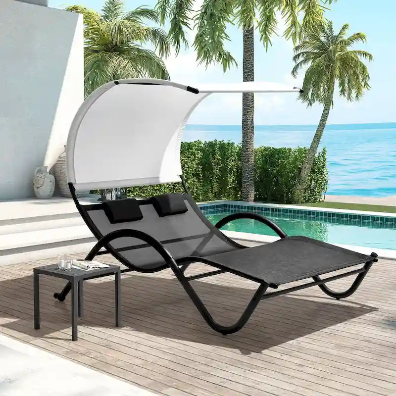 Outdoor Double Chaise Lounge Chair Double Sun Bed Lounger with Canopy Shade & Wheels - 72.83 D  54.33 W 65.35 H