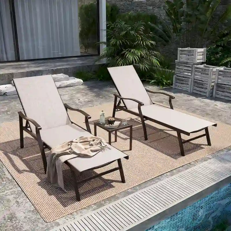 Chaise longue de jardin inclinable avec table d'appoint – Ensemble de 3 pièces
