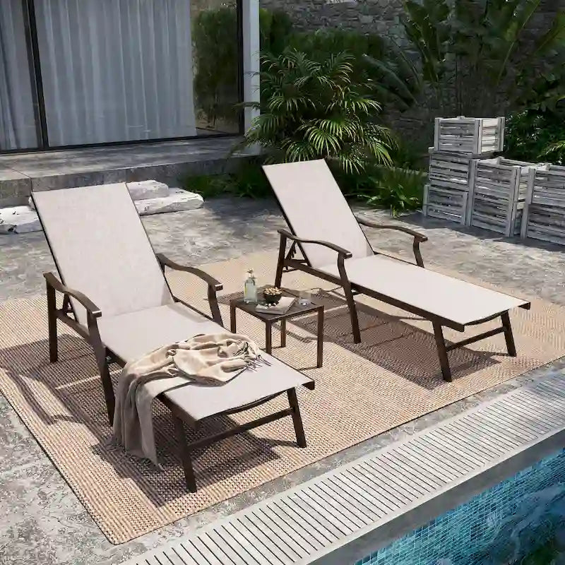 Outdoor Chaise Lounge Chair Reclining Sunlounger Set with Side Table - Set of 3