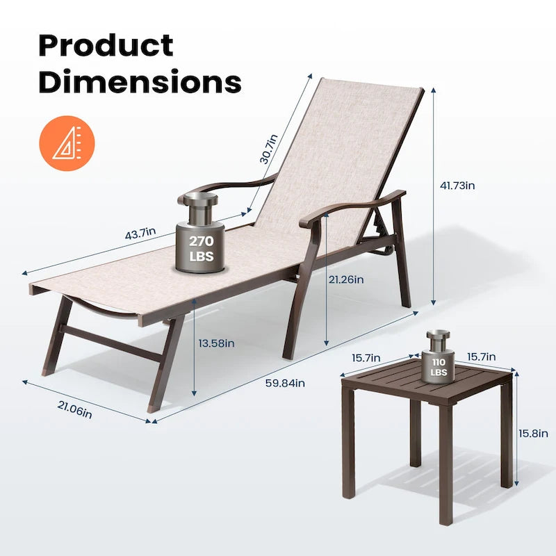 Chaise longue de jardin inclinable avec table d'appoint – Ensemble de 3 pièces