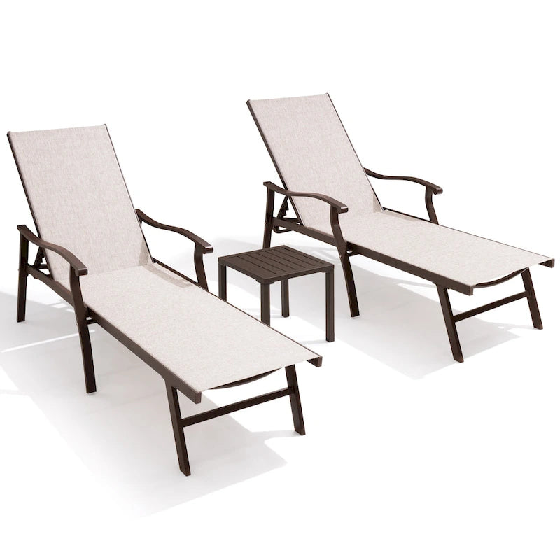 Chaise longue de jardin inclinable avec table d'appoint – Ensemble de 3 pièces