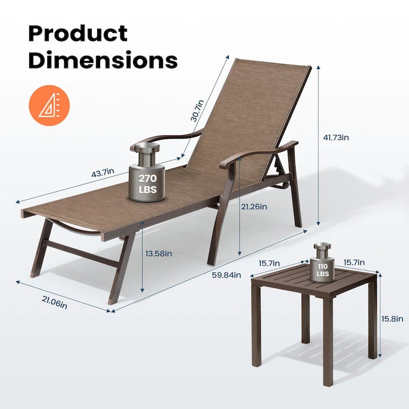 Chaise longue de jardin inclinable avec table d'appoint – Ensemble de 3 pièces