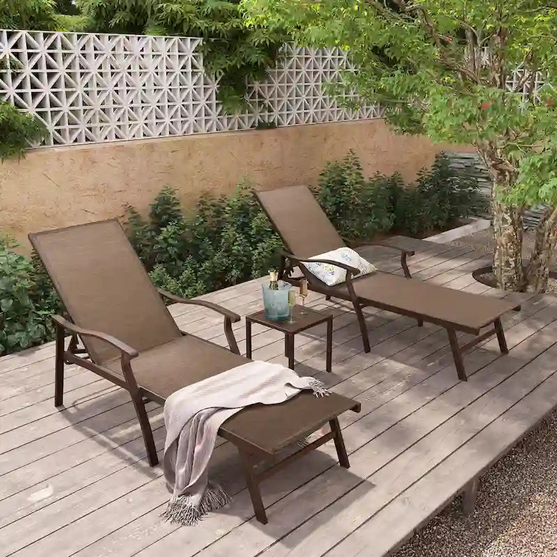 Chaise longue de jardin inclinable avec table d'appoint – Ensemble de 3 pièces