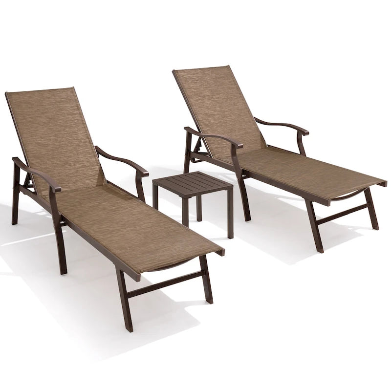 Chaise longue de jardin inclinable avec table d'appoint – Ensemble de 3 pièces