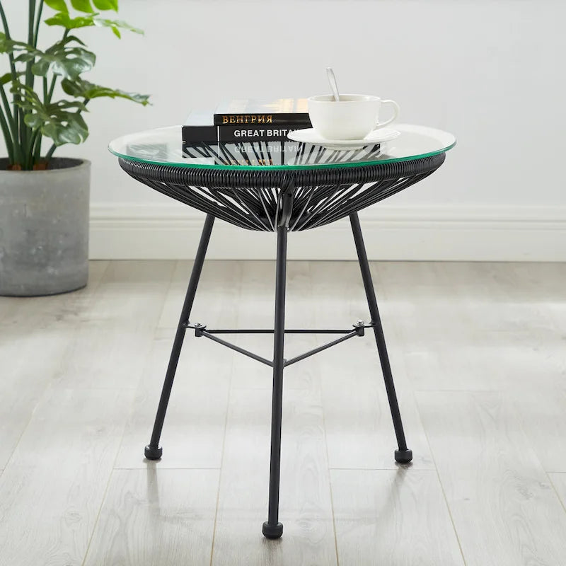 Table d'appoint de patio Corvus Sarcelles en osier tressé moderne avec plateau en verre