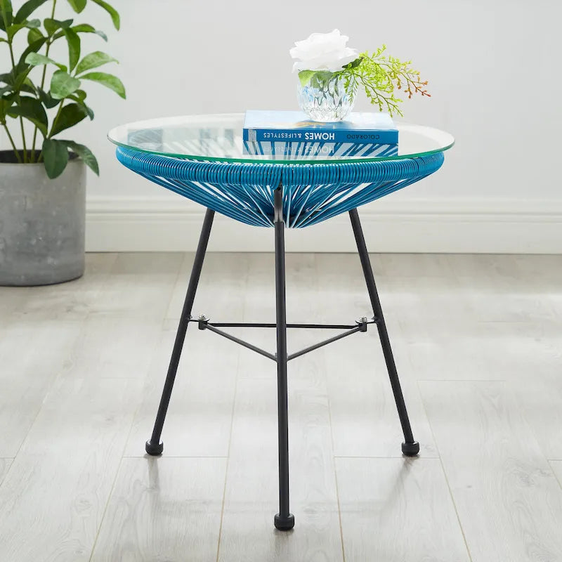 Table d'appoint de patio Corvus Sarcelles en osier tressé moderne avec plateau en verre