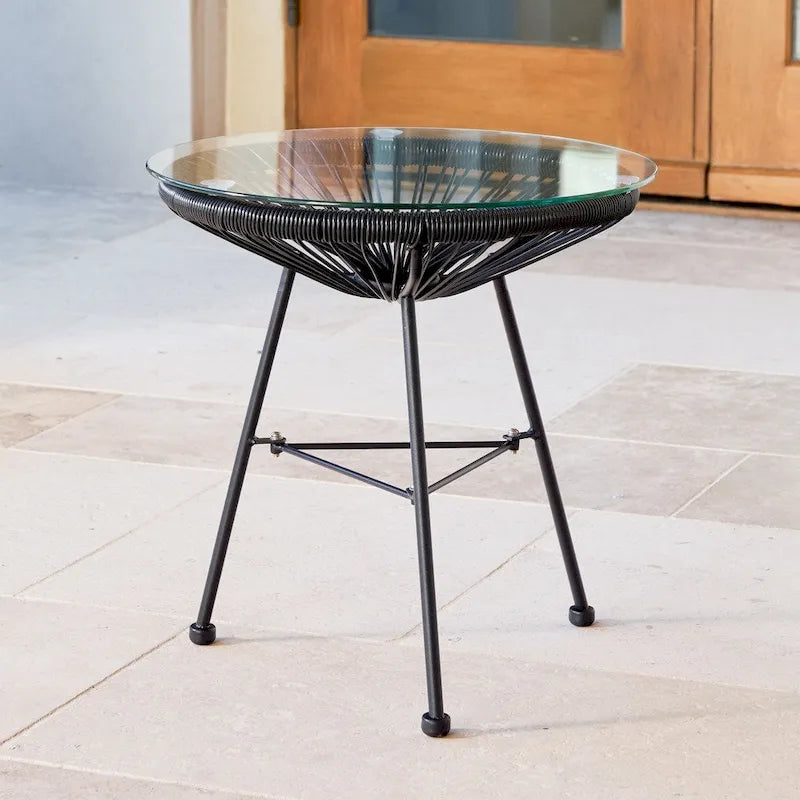 Table d'appoint de patio Corvus Sarcelles en osier tressé moderne avec plateau en verre
