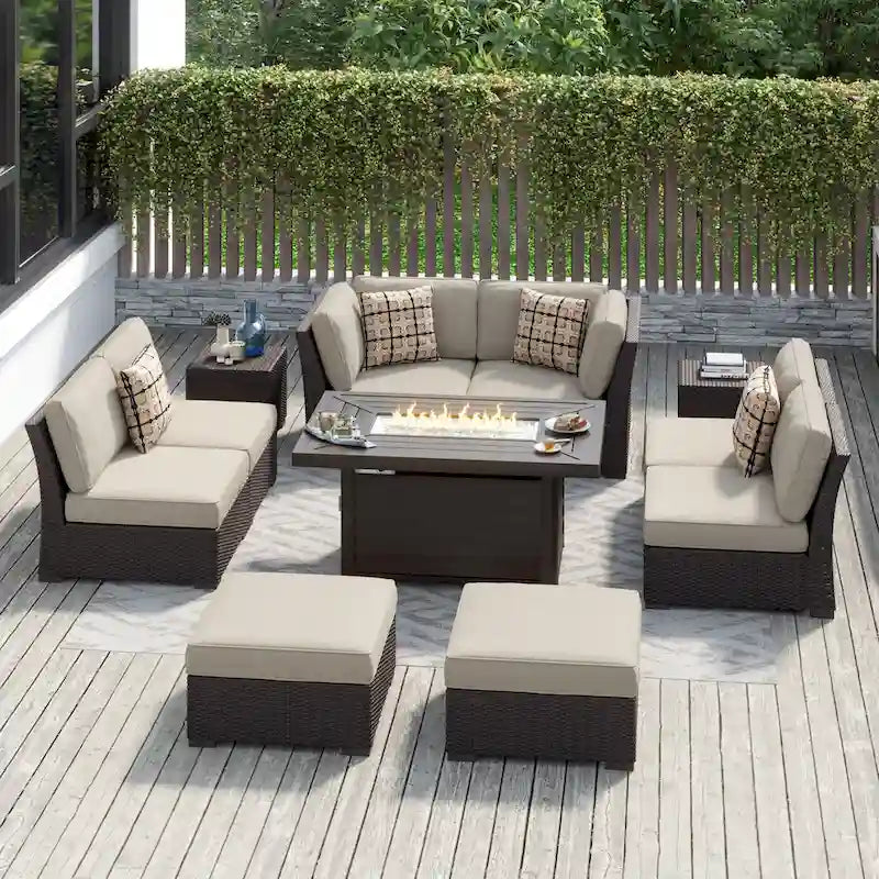 Ensemble de patio en osier 11 pièces Corvus Oreanne avec foyer
