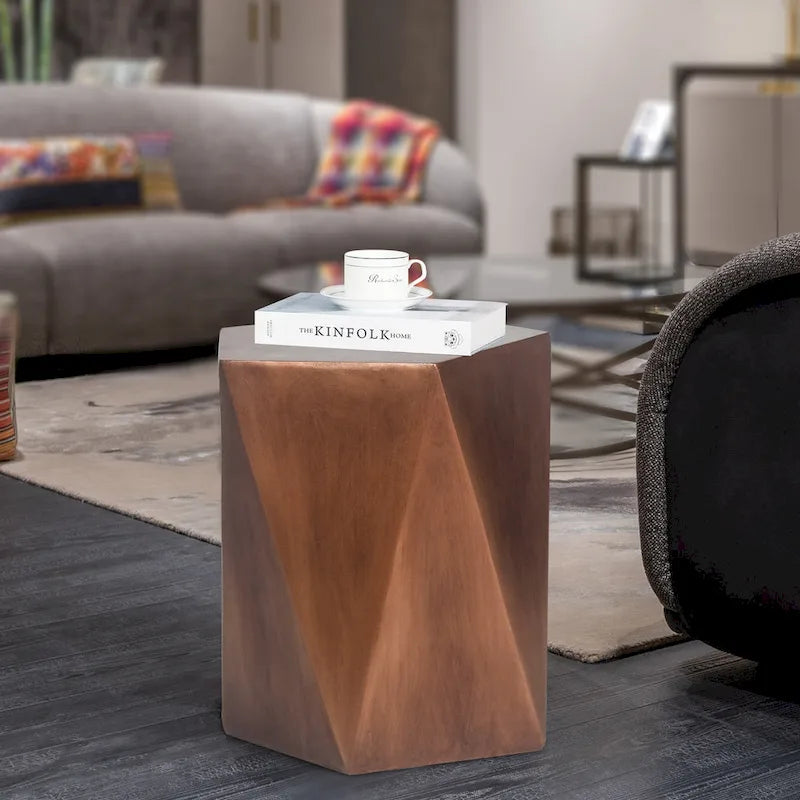 Table d'appoint hexagonale Adeco moderne en béton pour l'intérieur et l'extérieur