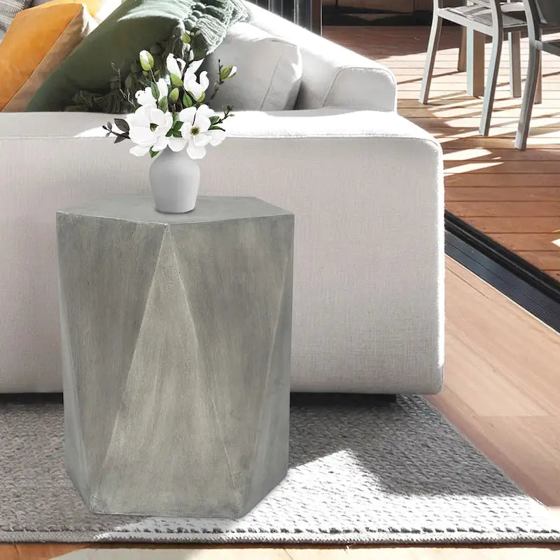 Table d'appoint hexagonale Adeco moderne en béton pour l'intérieur et l'extérieur