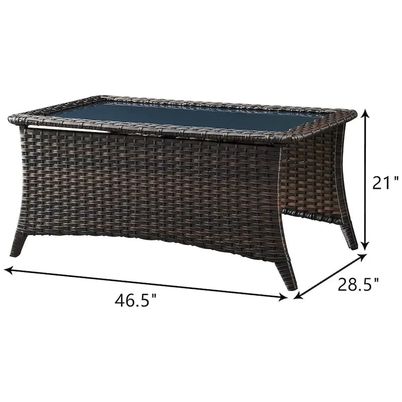 Table basse d'extérieur en osier avec plateau en verre et rotin