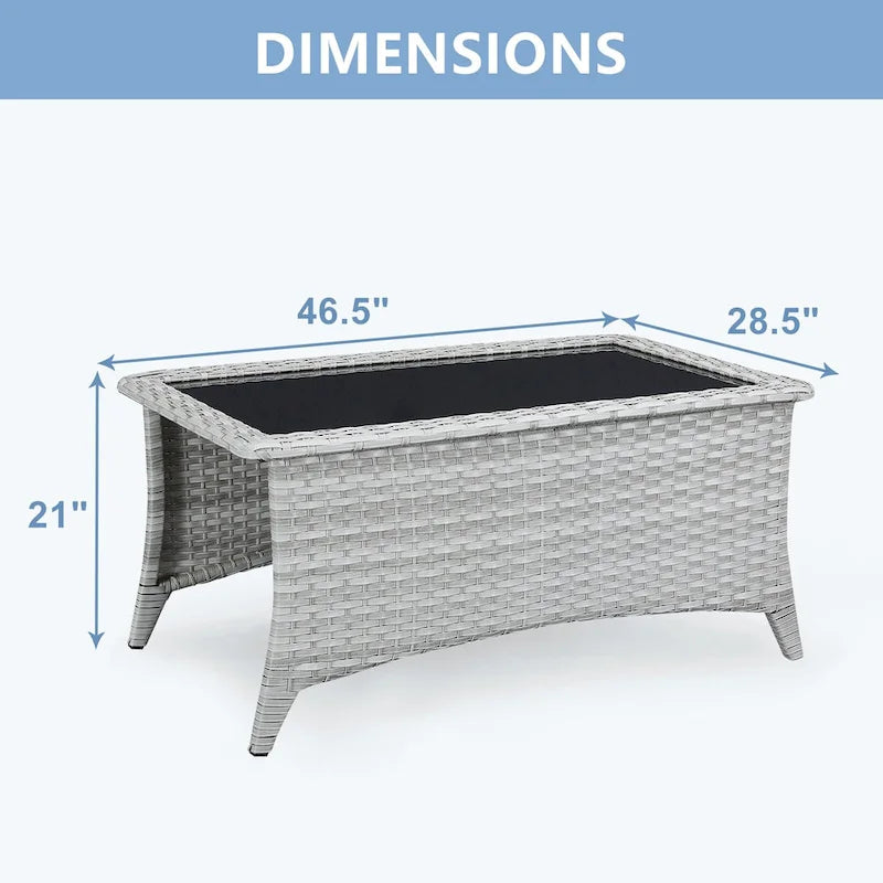 Table basse d'extérieur en osier avec plateau en verre et rotin