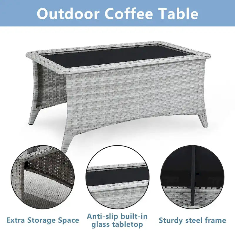 Table basse d'extérieur en osier avec plateau en verre et rotin