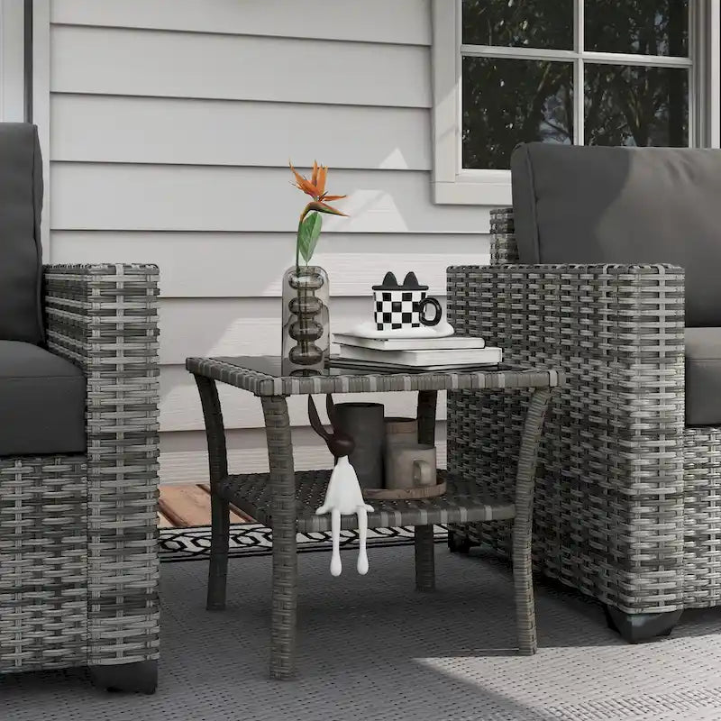 Outsunny Outdoor Wicker Coffee Table, Rattan Side Table with 2-Tier Storage Shelf , Aluminum Frame Square, End Table
