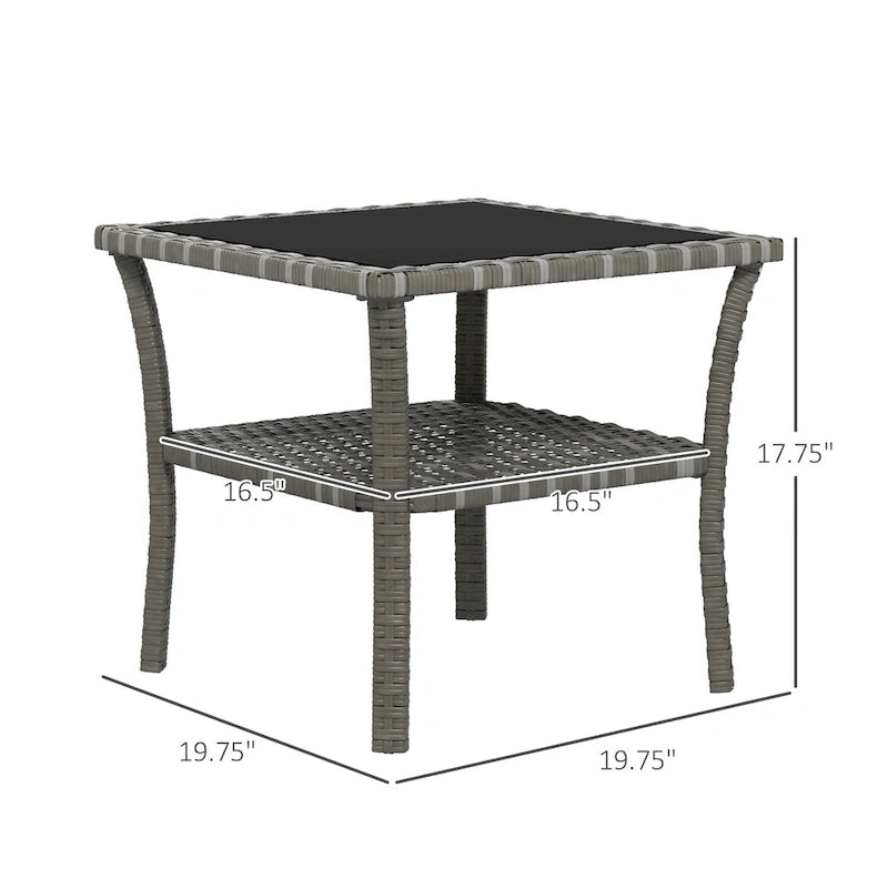 Table basse d'extérieur en osier Outsunny, table d'appoint en rotin avec étagère de rangement à 2 niveaux, structure carrée en aluminium, table d'appoint