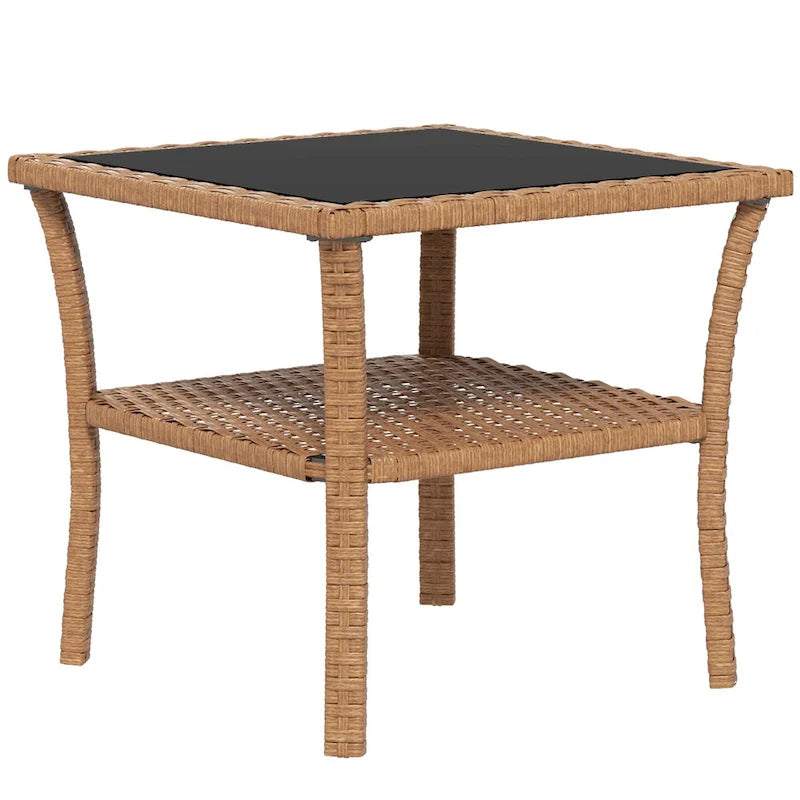 Table basse d'extérieur en osier Outsunny, table d'appoint en rotin avec étagère de rangement à 2 niveaux, structure carrée en aluminium, table d'appoint