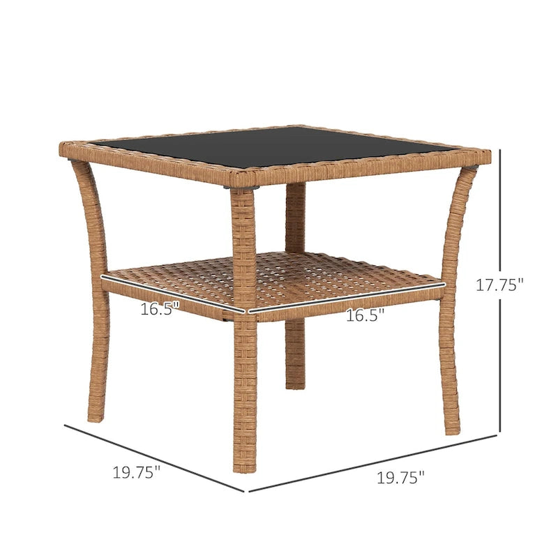 Table basse d'extérieur en osier Outsunny, table d'appoint en rotin avec étagère de rangement à 2 niveaux, structure carrée en aluminium, table d'appoint