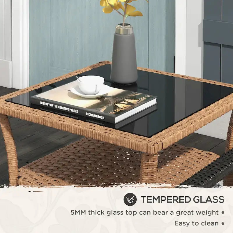 Table basse d'extérieur en osier Outsunny, table d'appoint en rotin avec étagère de rangement à 2 niveaux, structure carrée en aluminium, table d'appoint