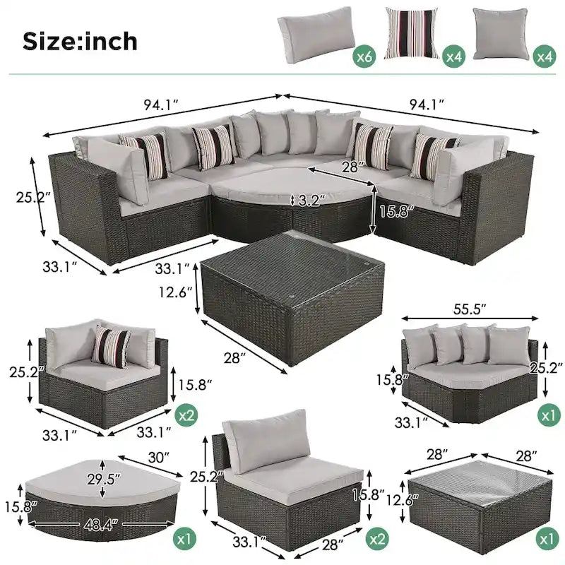 Ensemble de canapés d'extérieur 7 pièces en osier avec coussins gris et table en verre