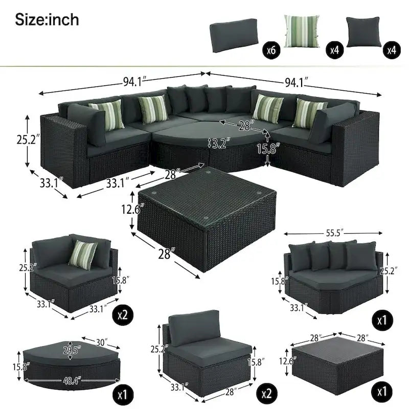 Ensemble de canapés d'extérieur 7 pièces en osier avec coussins gris et table en verre