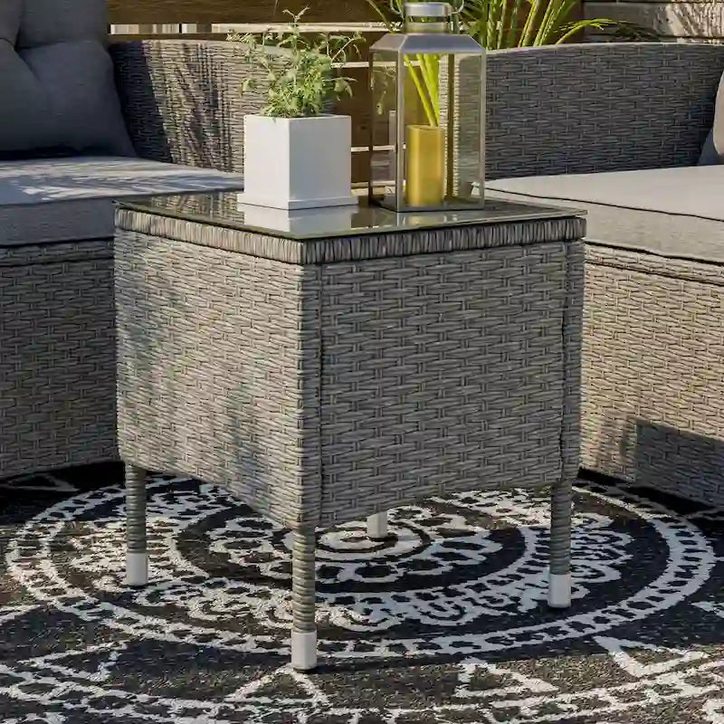 Zaara Contemporary Compact Wicker and Glass Top Outdoor End Table by M&L Co.