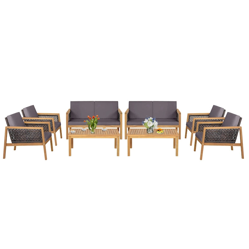 Ensemble de meubles de patio en rotin 8 pièces avec canapé rembourré en bois d'acacia