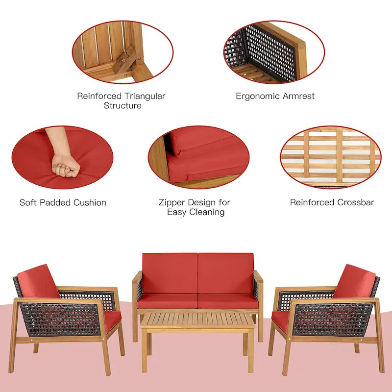 Ensemble de meubles de patio en rotin 8 pièces avec canapé rembourré en bois d'acacia