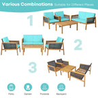 Ensemble de meubles de patio en rotin 8 pièces avec canapé rembourré en bois d'acacia