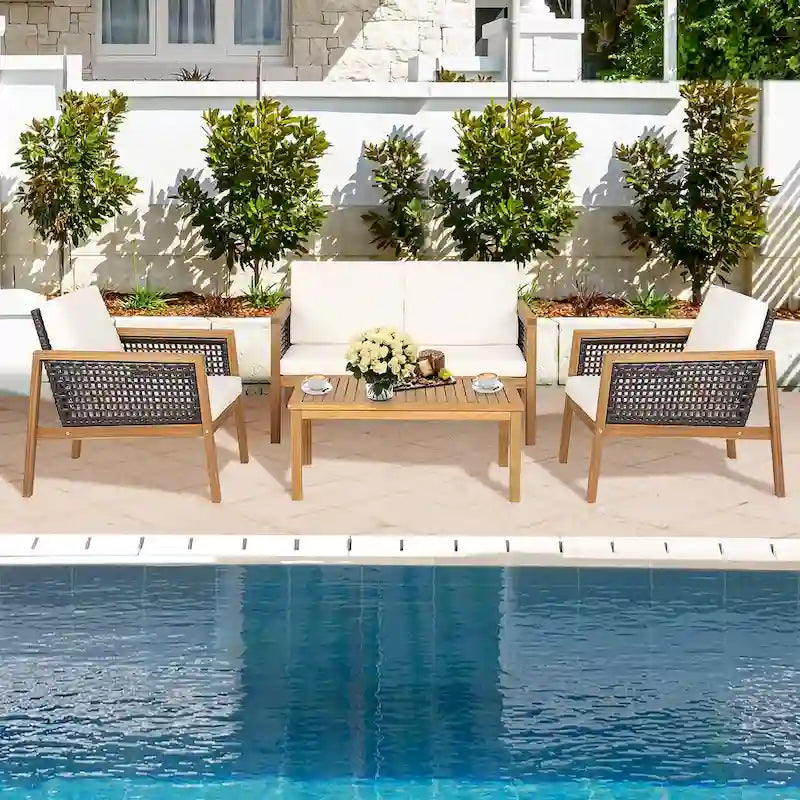 Ensemble de meubles de patio en rotin 8 pièces avec canapé rembourré en bois d'acacia